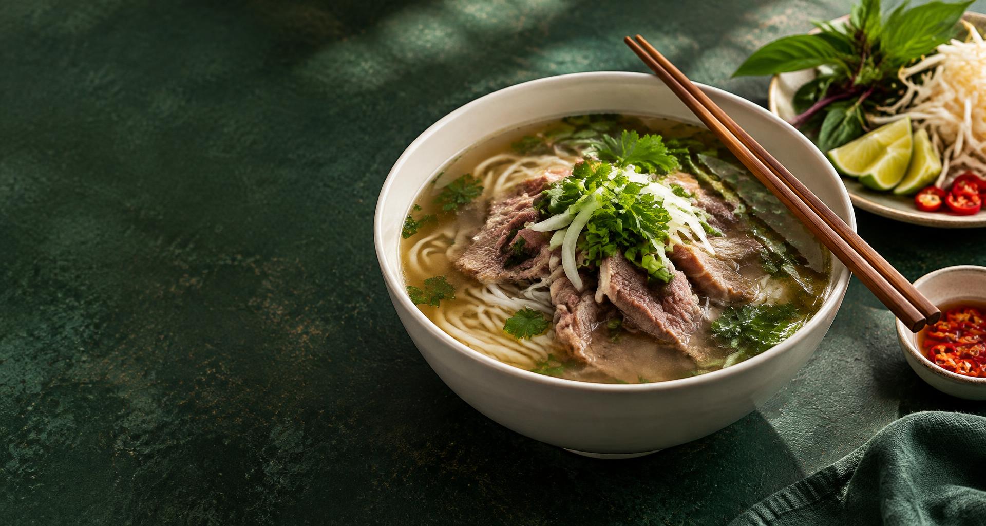 A comforting bowl of Vietnamese beef pho with fresh herbs and lime